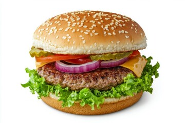 Delicious cheeseburger with fresh ingredients on white background. AI image