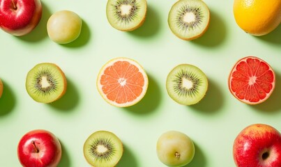 Fototapeta premium Colorful fruit slices arranged on vibrant green background.