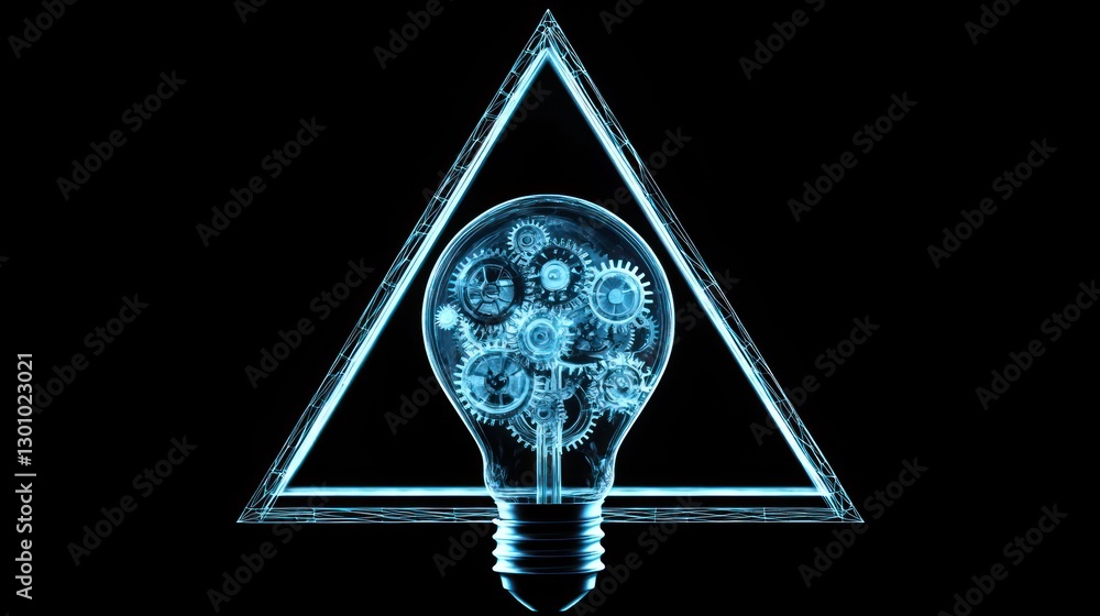 Aufkleber light bulb with gears inside framed by wireframe triangle