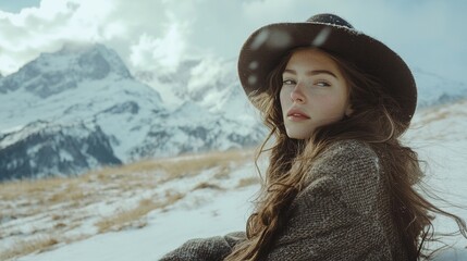 A beautiful girl with long hair sits on a snow covered hillside, wearing a oversized brown wool coat and hat, with a snowy mountain background, cinematic imagery, and a retro style.