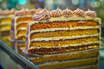 A delectable close-up of layered sponge cake with cream swirls on a glass display, showcasing the rich colors and textures of this tempting dessert creation.