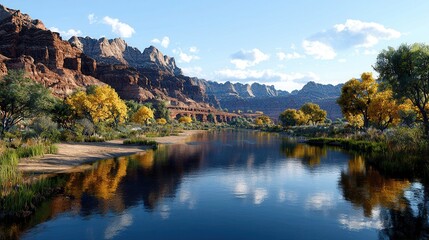 Fototapeta premium Scenic Landscape with River, Mountains, Trees, and Blue Sky