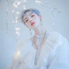 Beautiful girl with silver hair, white gauze shirt, gold necklace, standing, white background, dreamy style, light blue tone, ethereal fashion portrait.