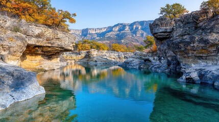 Obraz premium Tranquil Blue Water Oasis Surrounded by Autumn Foliage and Rocks