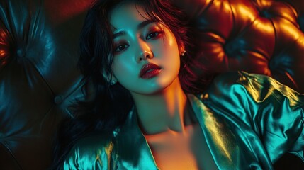Beautiful Korean woman with dark hair, wearing a silk top, lying on the sofa, looking up at the camera, dramatic lighting, green edge light, editing photo style, authentic aesthetics.