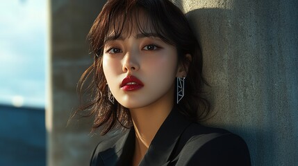 Movie inspired photo of a Korean woman with medium to long hair swaying in the wind, wearing a black suit jacket, red lipstick, earrings, posing against the wall of a future outdoor building.