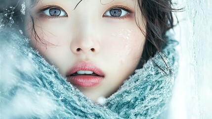 In a close-up shot, a beautiful female face with striking blue eyes and dark hair, wrapped in a blue scarf, surrounded by pure white snow, and her skin adorned with delicate ice crystals.