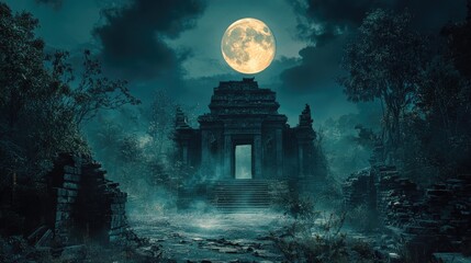 Ancient ruins with towering stone columns illuminated by a glowing pink full moon in a dark and mysterious setting. Generative AI