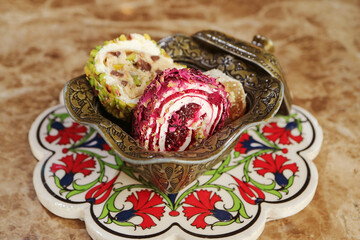 Closeup of Delectable Rose Petals and Pistachio Turkish Delights