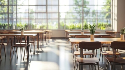 Fototapeta premium A bright airy cafe interior with tables and plants near windows