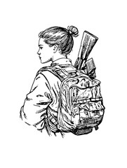 Naklejka premium Vector engraved illustration of a woman with a backpack and rifles for product design