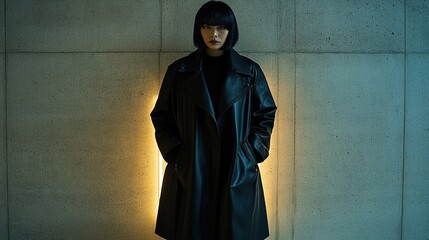Woman with short black hair, front of wall, oversized long leather coat, dark attire, light shines face, cinematic texture, full-body shot, exquisite details, fashion portrait.