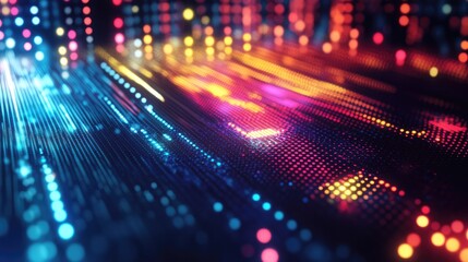 Abstract multicolored waves of glowing light resembling a vibrant digital landscape in motion. Generative AI