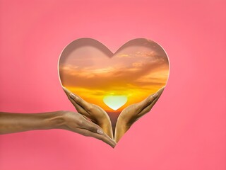 Hands holding heart-shaped sunset reflection on pink background