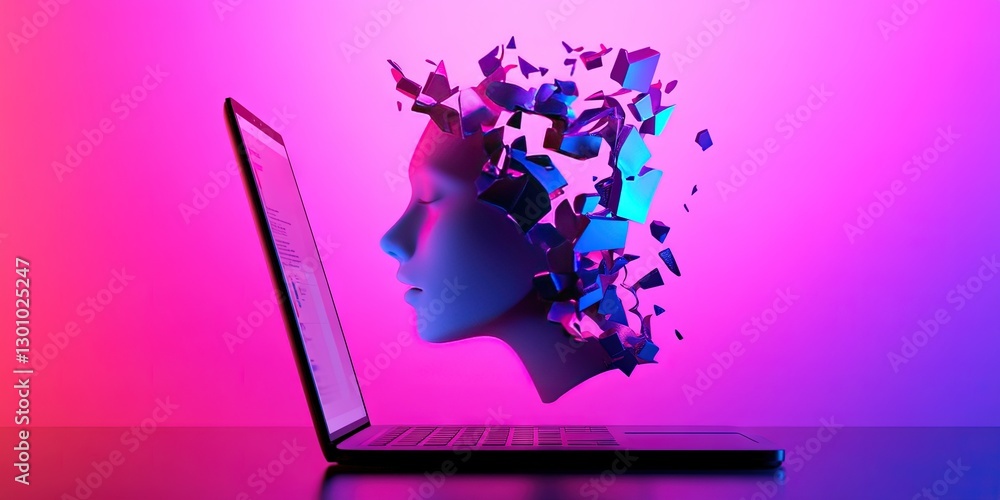 Wall mural ad blocker concept with head exploding looking at laptop