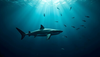 A large shark swims with smaller fish in deep ocean water