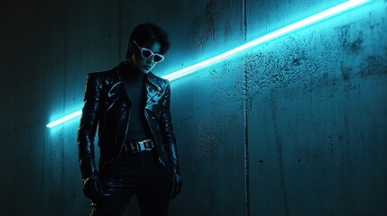 Man in black leather jacket, white sunglasses, wall, blue neon light, cyberpunk style, full-body portrait, dark background, futuristic, mysterious atmosphere.