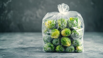 Frozen Brussels sprouts in a plastic bag. Frozen vegetable stock for the winter. On a gray concrete background.