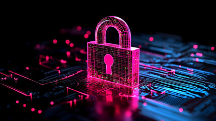 Fototapeta premium Digital Lock with Circuit Pattern and Neon Glow in Cybersecurity Concept