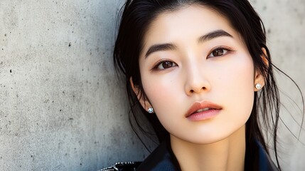 Stunning Korean woman with black hair, wearing earrings and diamond ring, standing on concrete wall. Surreal portrait with natural lighting and ultra-detailed photography.