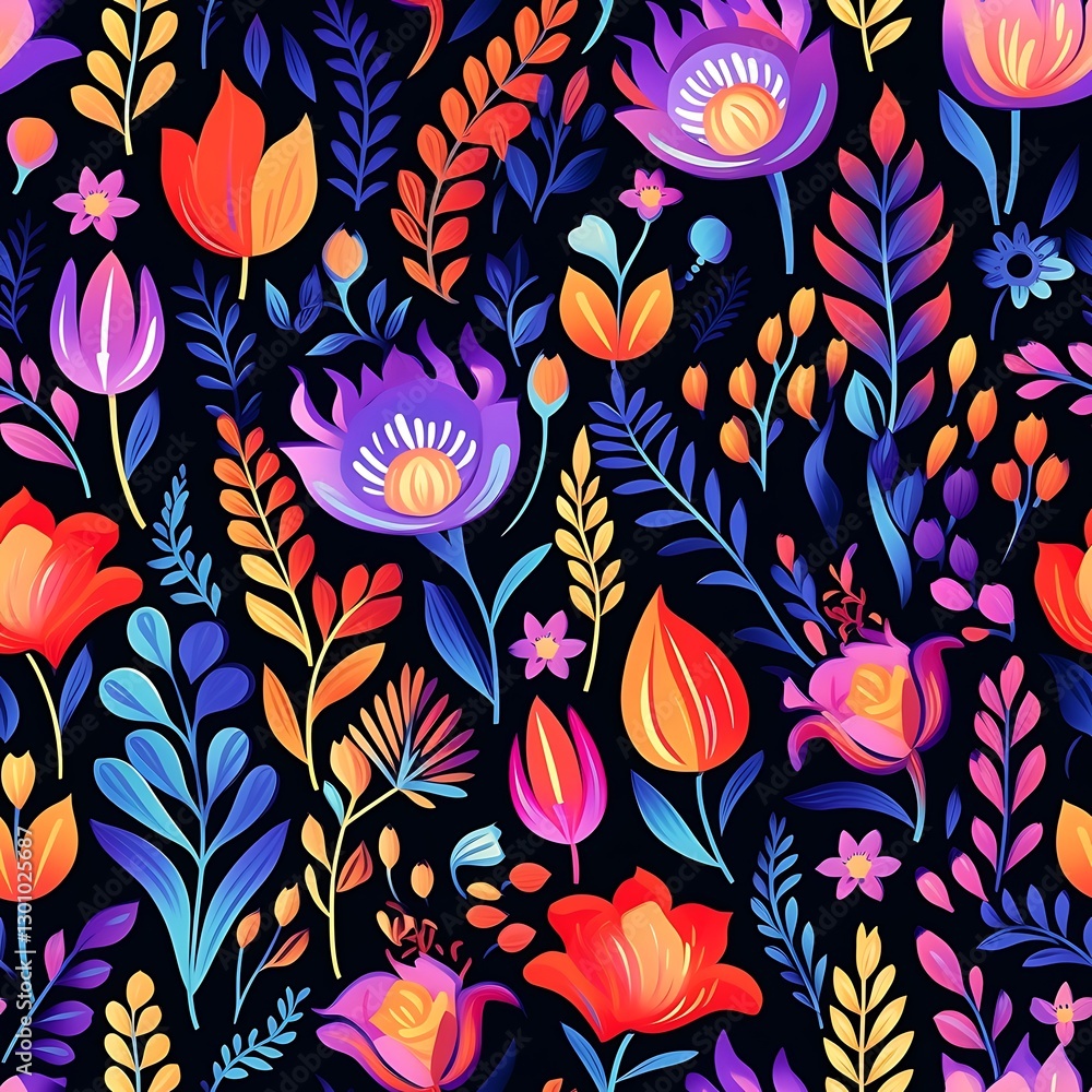 Aufkleber floral fantasy: a vibrant and colorful seamless pattern showcases a dazzling array of stylized flowe