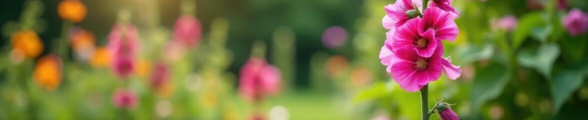 Tall hollyhock plant with bright pink flowers blooming in a garden, tall, flowers, pink