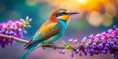Obraz premium Vibrant Rainbow Bird Perched on a Branch Adorned with Delicate Purple Blossoms in a Soft, Sunlit Garden Setting