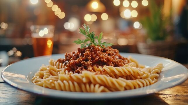 Fusilli con ragù alla bolognese - pasta with minced meat and tomato sauce on wooden table