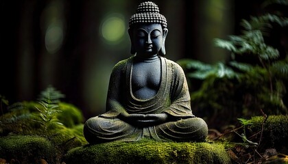 A small dark stone statue of a Buddha surrounded by Dark grunge background with a rough stone