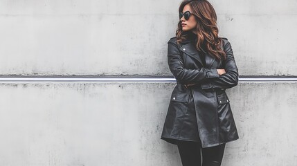 Woman in leather coat stands against gray wall, sunglasses, black leggings, fashionable outfit, street pose, autumn winter fashion, urban style, seasonal attire.