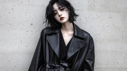 The black haired woman is wearing a oversized leather windbreaker with a dark shirt underneath. Her facial makeup is delicate, her expression is cold, and her whole body is fashionable for photography
