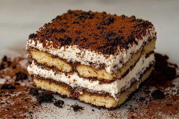 Delicious homemade tiramisu dessert with ladyfingers, coffee, mascarpone cream, and cocoa powder, a classic Italian treat, beautifully layered and presented on a white background.