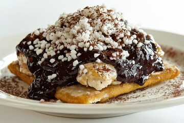 Delicious dessert featuring a base with chocolate sauce and topping with white candy and cocoa, served on a plate with a bright, minimalist background.