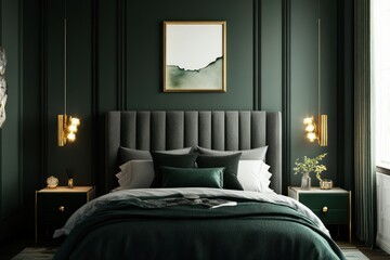 Obraz premium Elegant dark green bedroom interior with gold accents.