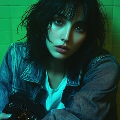 A beautiful woman wearing a denim jacket, a white T-shirt, holding an old-fashioned film camera, standing in front of a wall illuminated by green neon lights, with soft side lighting.