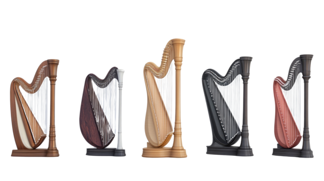 Collection of beautifully crafted harps displayed in various colors and designs in a well-lit setting