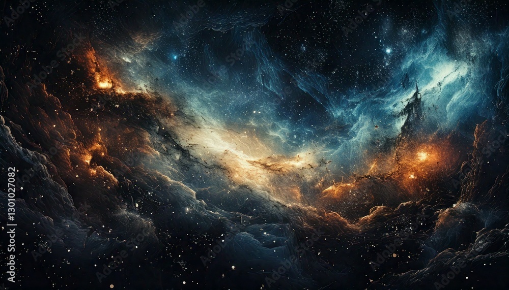 Wall mural grunge cosmic background with dark nebulous clouds, glowing distressed textures, and a surreal outer