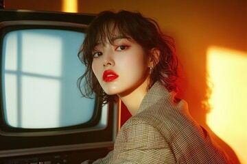 Asian woman, short hair, wearing a checkered suit jacket and white top, sitting in front of the TV, red lipstick, staring at the camera, exposed to sunlight, half body portrait.