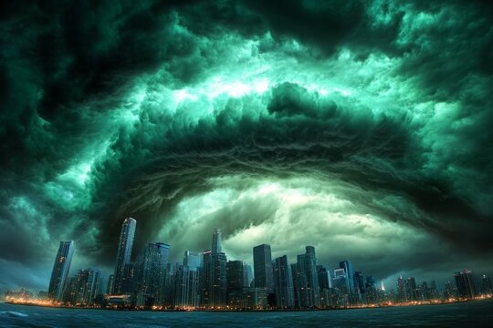 A dark sky with ominous hurricane clouds rolling in over a city skyline