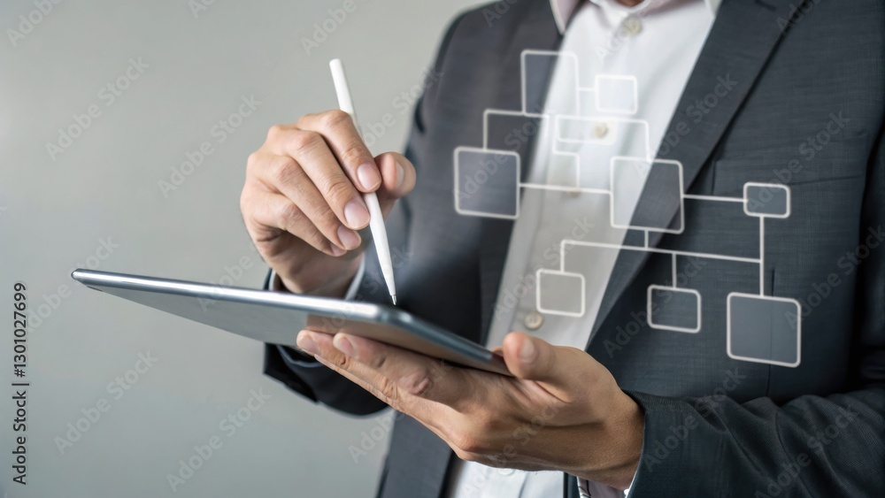 Poster navigating digital architect: a professional in a suit meticulously interacts with a tablet, visuali