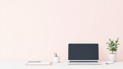 flat design illustration depicting minimalist workspace featuring laptop notepad and pen on neat desk exuding sense