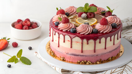 A delicious, freshly baked birthday cake with elegant toppings, perfectly isolated on a white background for food photography.