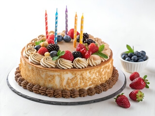 A delicious, freshly baked birthday cake with elegant toppings, perfectly isolated on a white background for food photography.