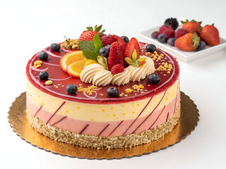 A delicious, freshly baked birthday cake with elegant toppings, perfectly isolated on a white background for food photography.