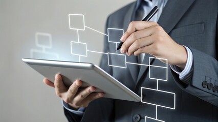Connected Business Strategies: A professional individual in a smart suit interacts with a tablet, augmented with a network diagram, suggesting advanced business process and strategy