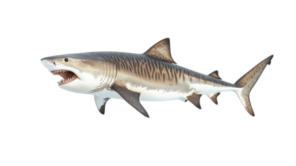 Lively depiction of a tiger shark swimming through clear ocean waters during daylight hours