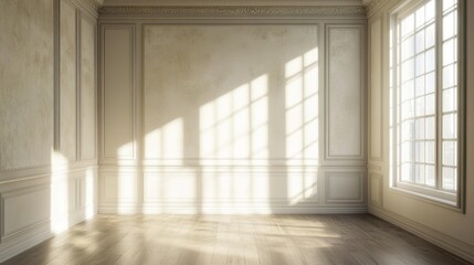An open room with cream colored walls and light wooden floors, illuminated by soft sunlight through large windows. Exquisite decorative lines evoke classical architecture.