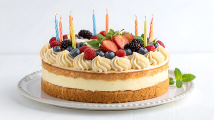 A delicious, freshly baked birthday cake with elegant toppings, perfectly isolated on a white background for food photography.