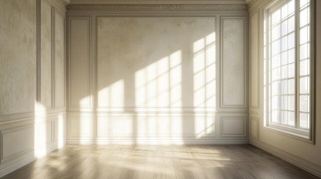 An open room with cream colored walls and light wooden floors, illuminated by soft sunlight through large windows. Exquisite decorative lines evoke classical architecture.
