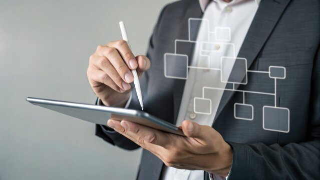 Navigating Digital Architect: A professional in a suit meticulously interacts with a tablet, visualizing complex workflows, as the digital structures comes to life.